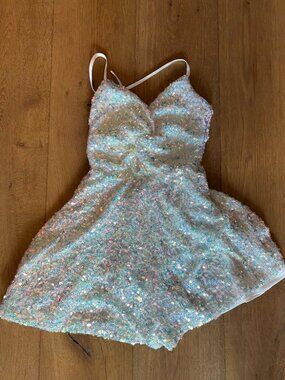 Lulus Iridescent Sequin Mini Romper XS Sparkly Party Bachelorette Bridal Dress